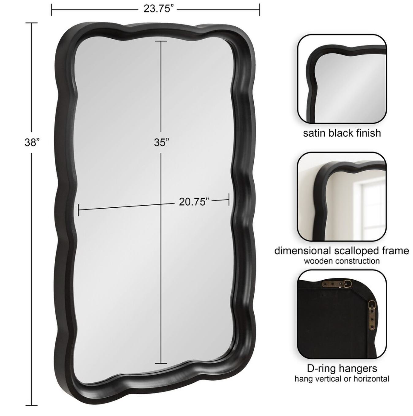 Black scalloped 24x38 wood mirror 🖤