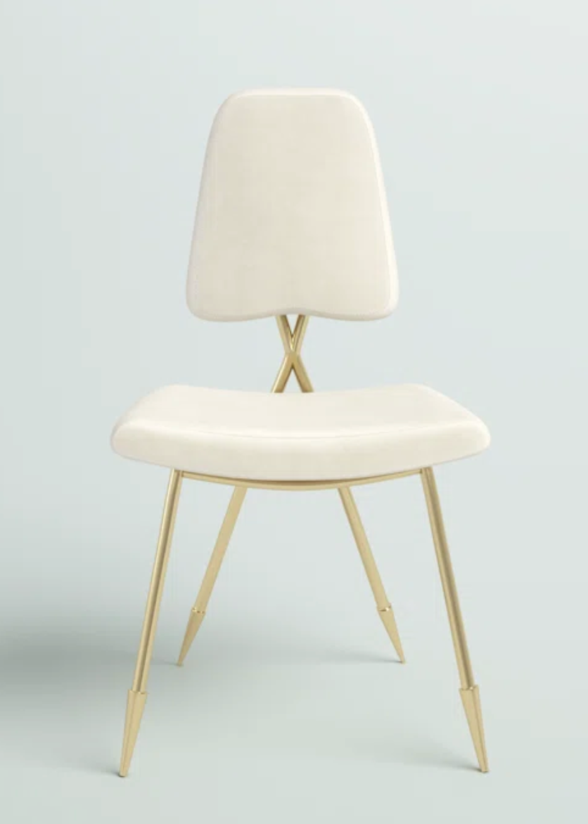 Ivory velvet upholstered modern dining chair w/ gold stainless steel legs ✨