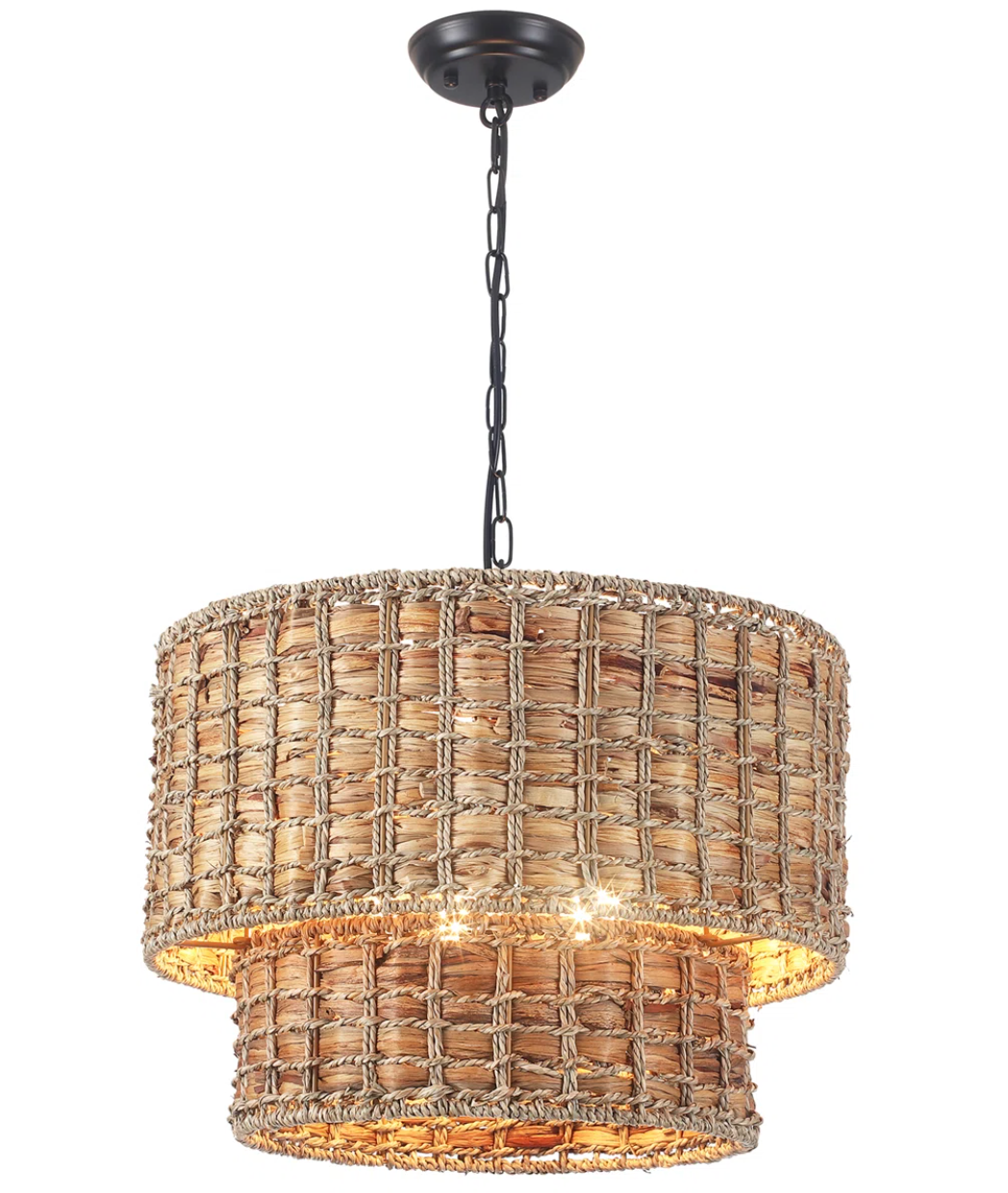 Boho 5-light two-tier drum chandelier w/ rattan lampshade ☀️