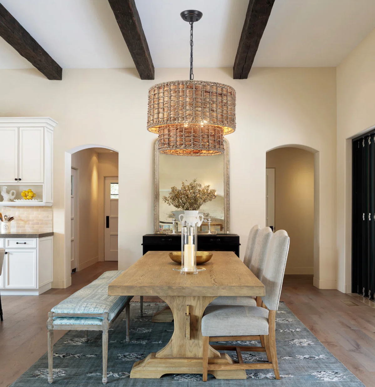 Boho 5-light two-tier drum chandelier w/ rattan lampshade ☀️