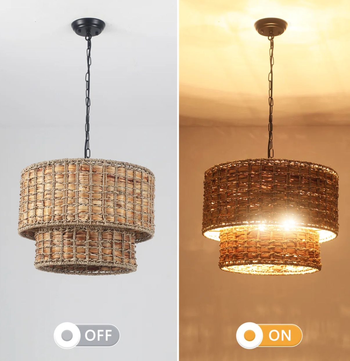 Boho 5-light two-tier drum chandelier w/ rattan lampshade ☀️