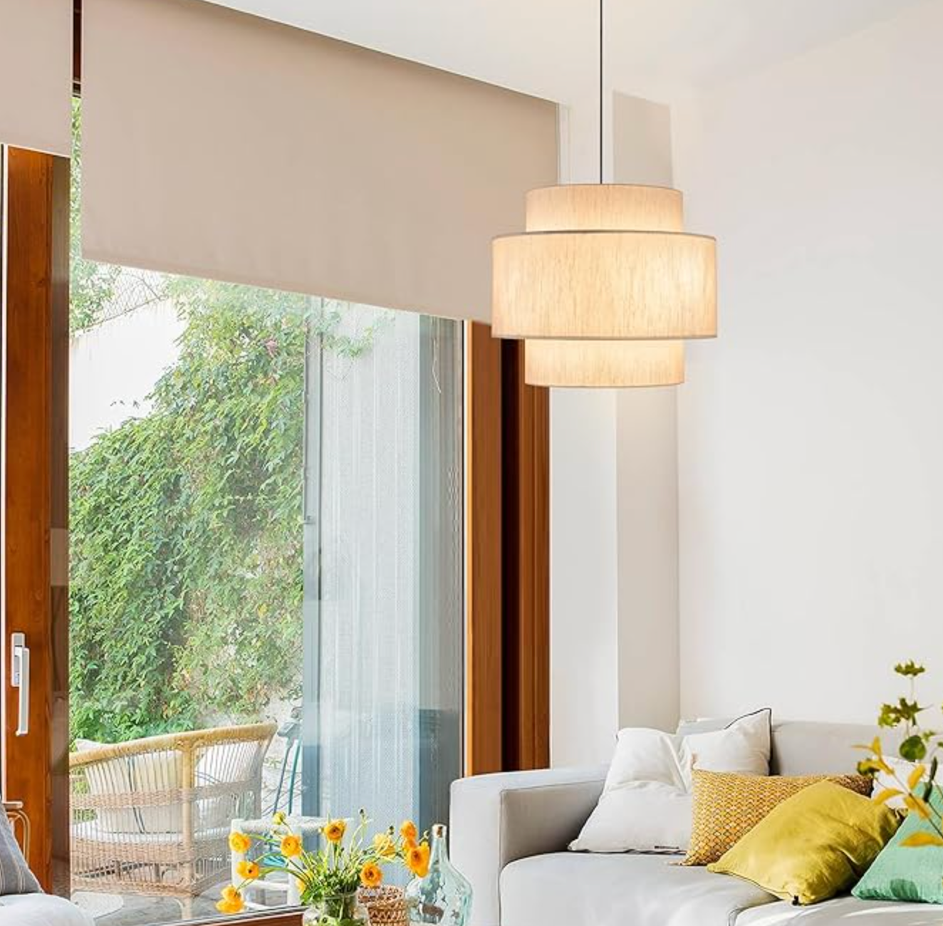 Modern 3-tier 19.7" drum chandelier with beige linen lamp shade 💡