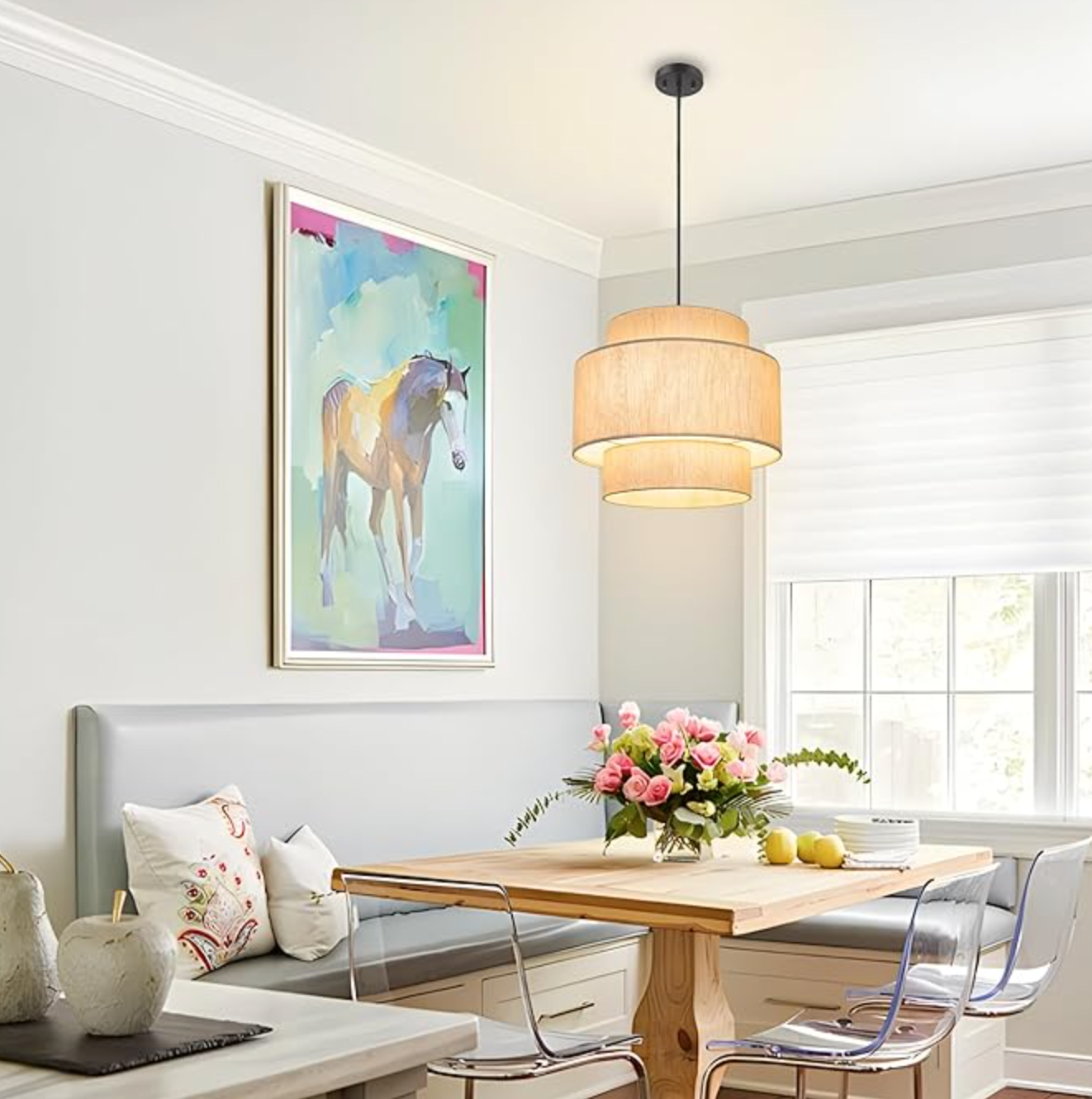 Modern 3-tier 19.7" drum chandelier with beige linen lamp shade 💡