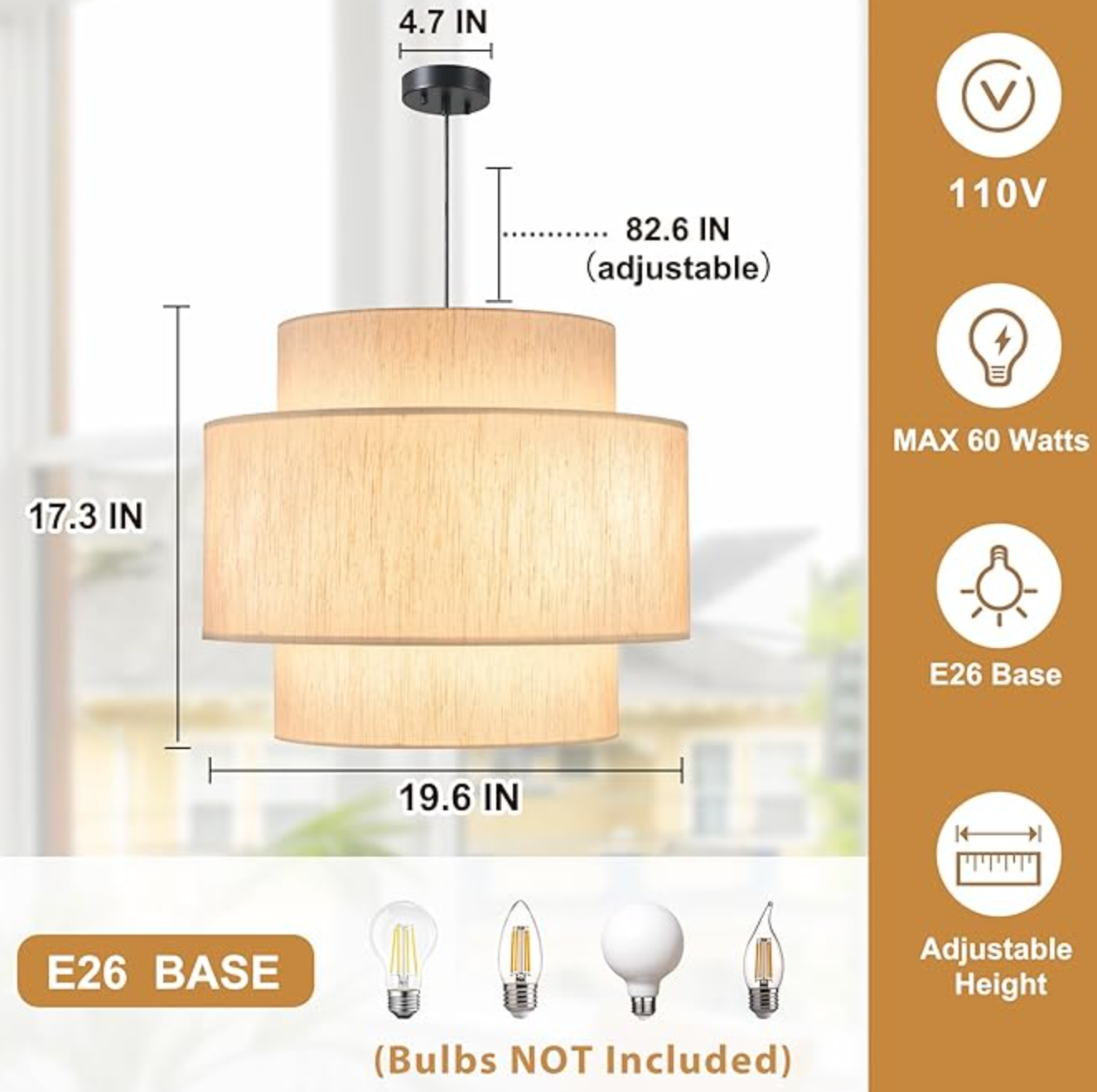 Modern 3-tier 19.7" drum chandelier with beige linen lamp shade 💡