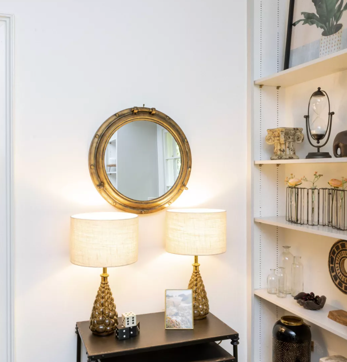 Distressed 22" gold metal porthole mirror ✨