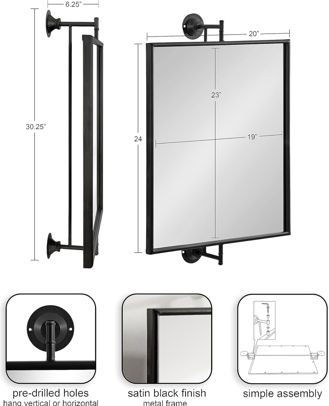 Black rectangle 20x31 adjustable pivot mirror 🖤