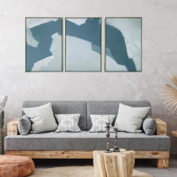 Modern blue abstract triptych 12x24 framed canvas 🌊