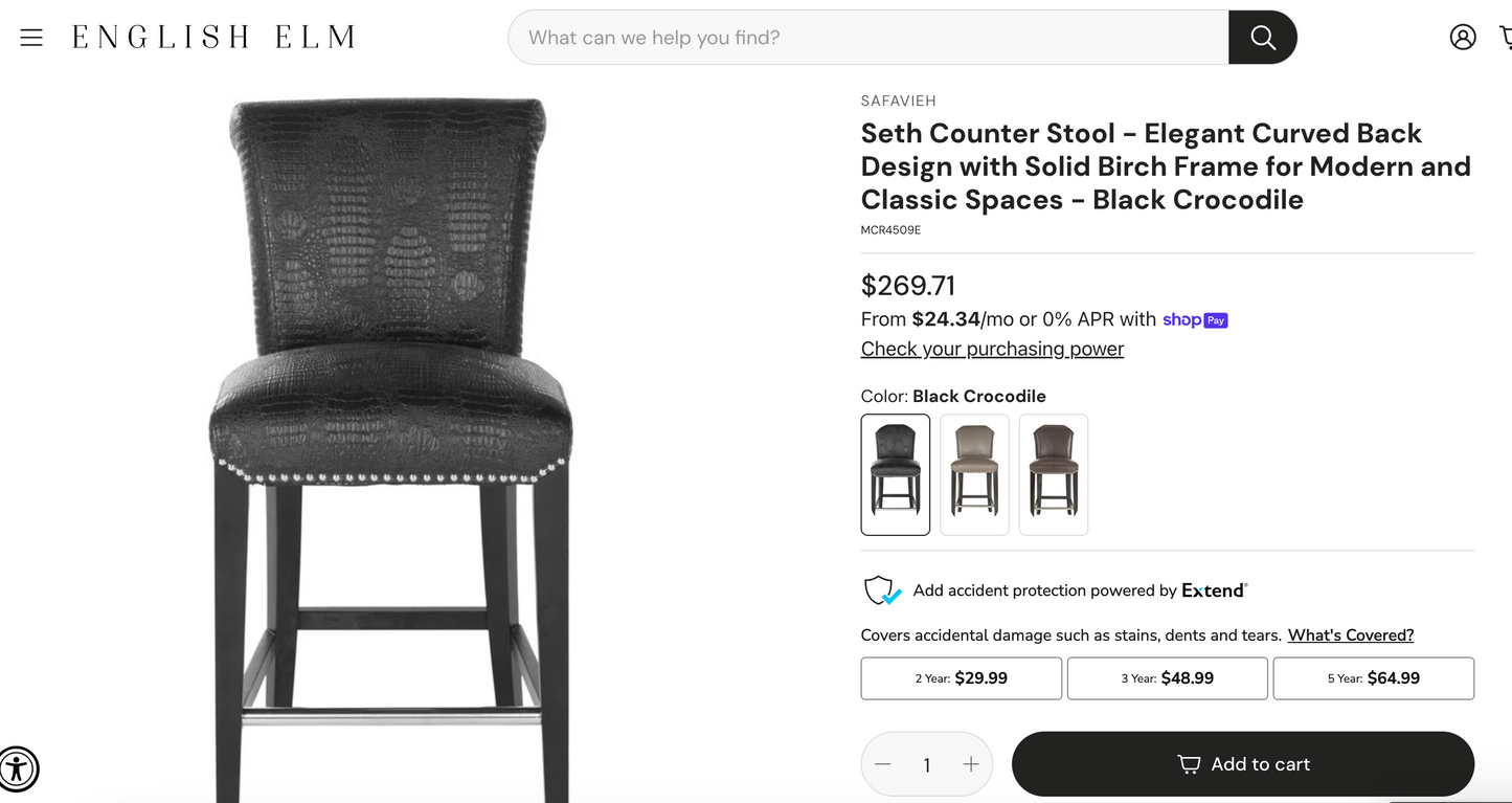2 faux black crocodile counterheight barstools 🖤
