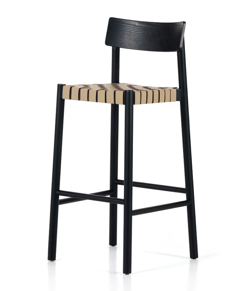 Black ash wood barstool w/ beige leather seat 🍷