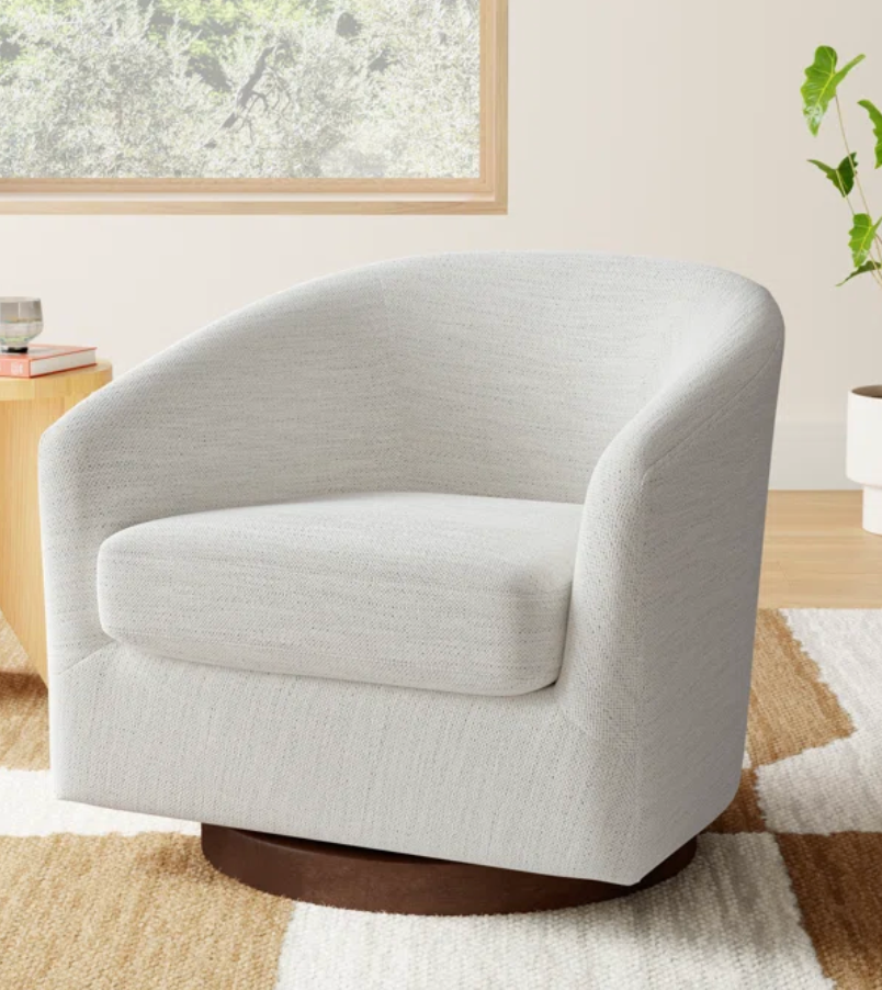 Swivel Accent Chair, Upholstered Fabric Barrel Chair in Ivory☕