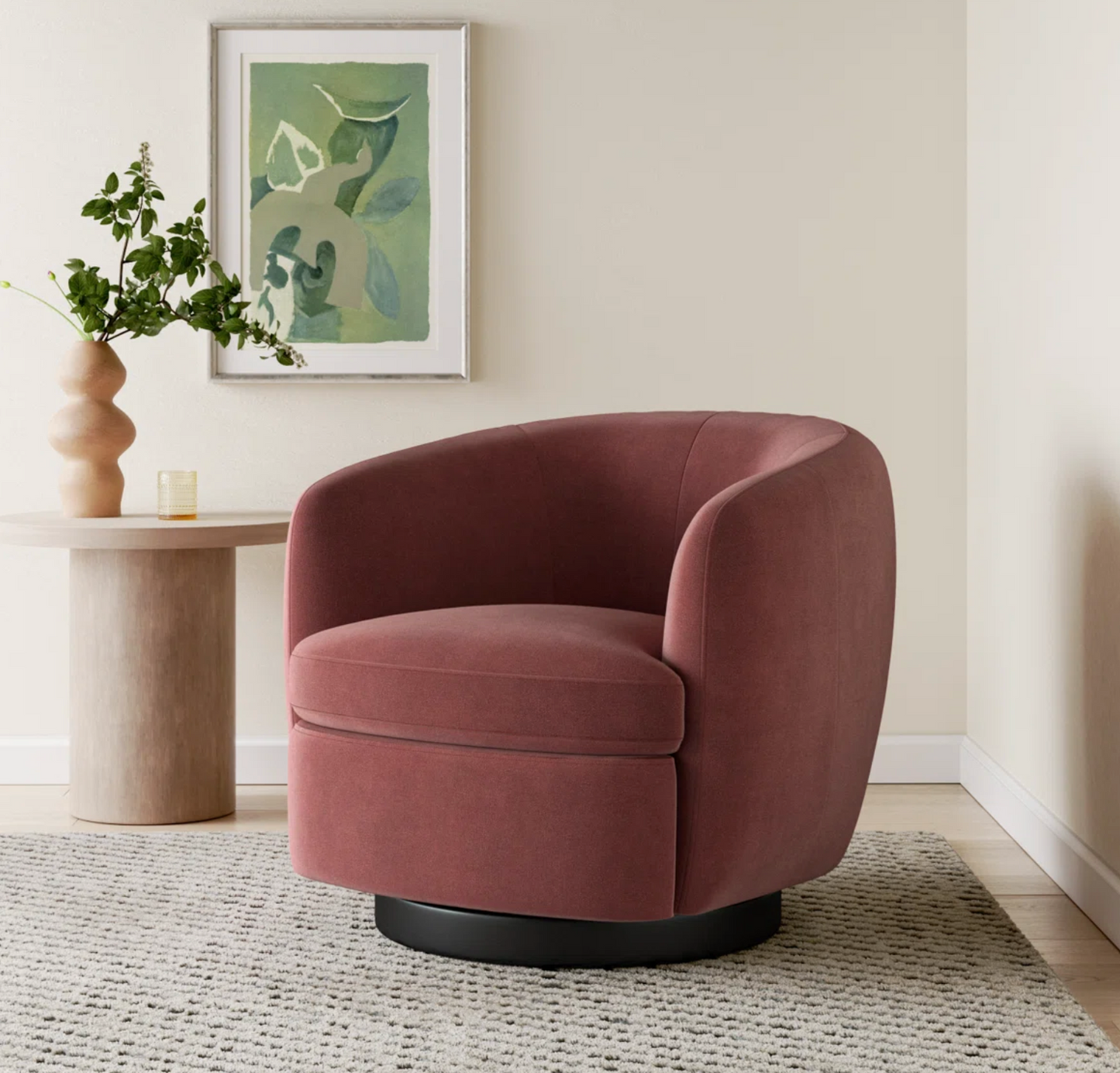 Blush Upholstered Swivel Barrel Chair🪷