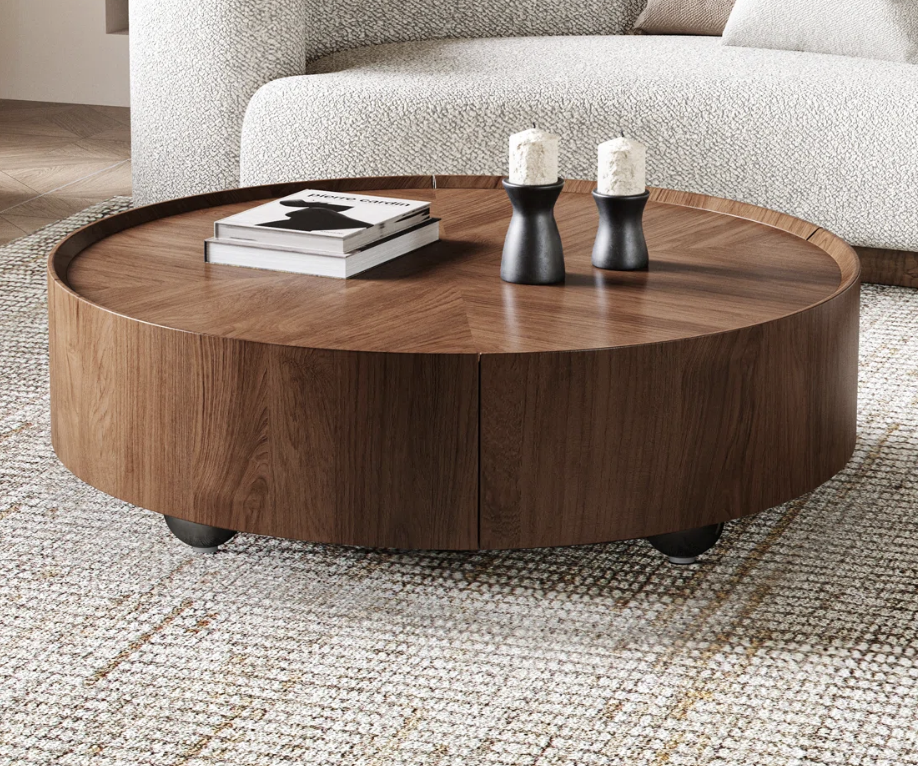 MCM industrial walnut round coffee table w/ drawers☕