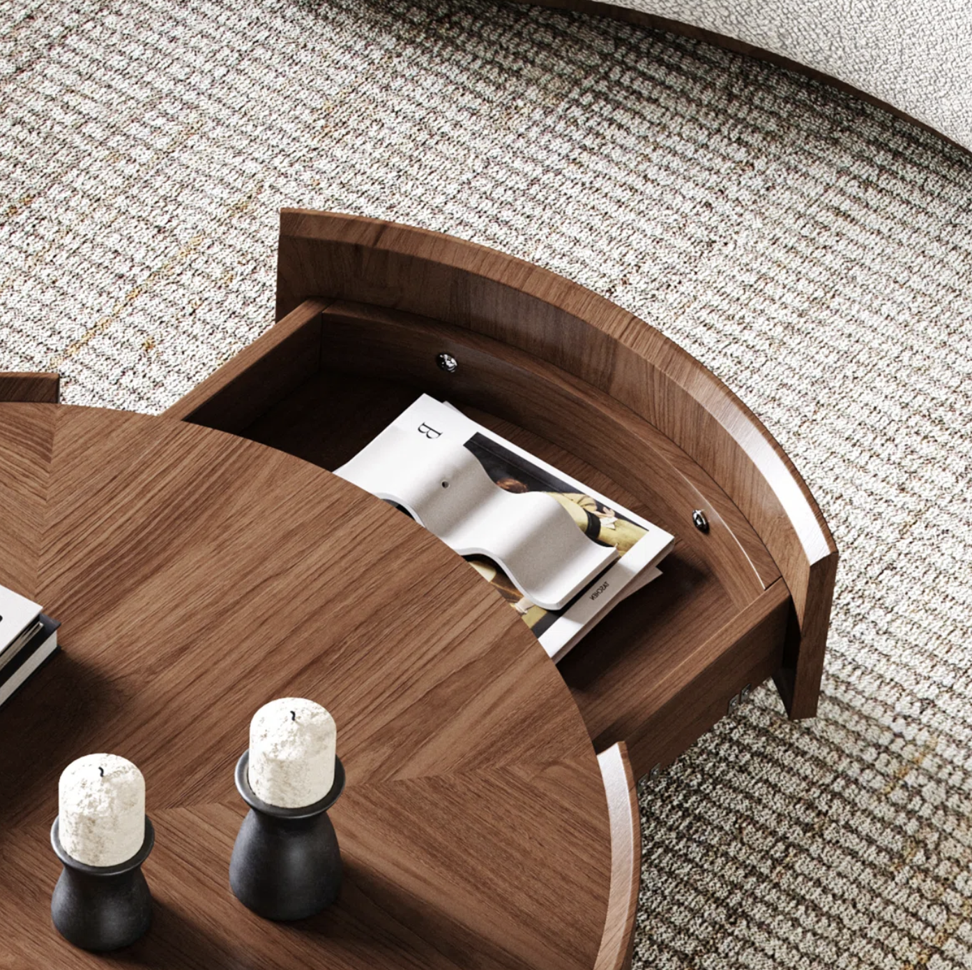 MCM industrial walnut round coffee table w/ drawers☕