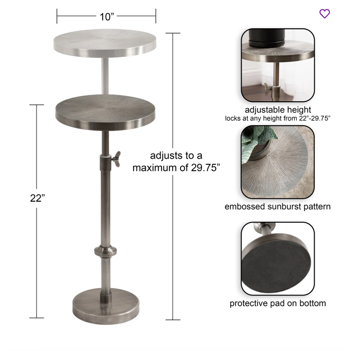 Adjustable grey pedestal end table 🍷