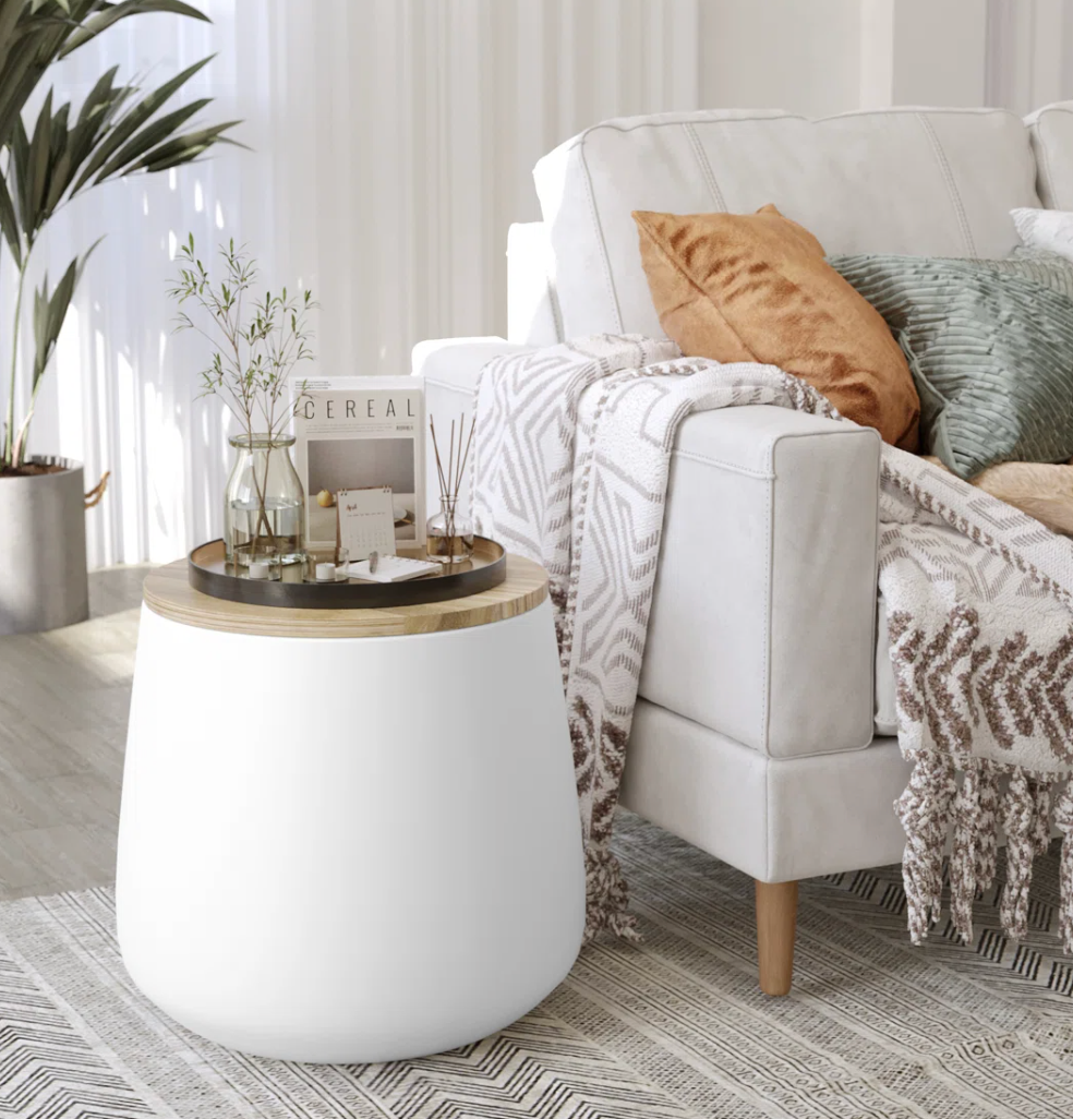 Round white indoor / outdoor end table w/ storage 🤍