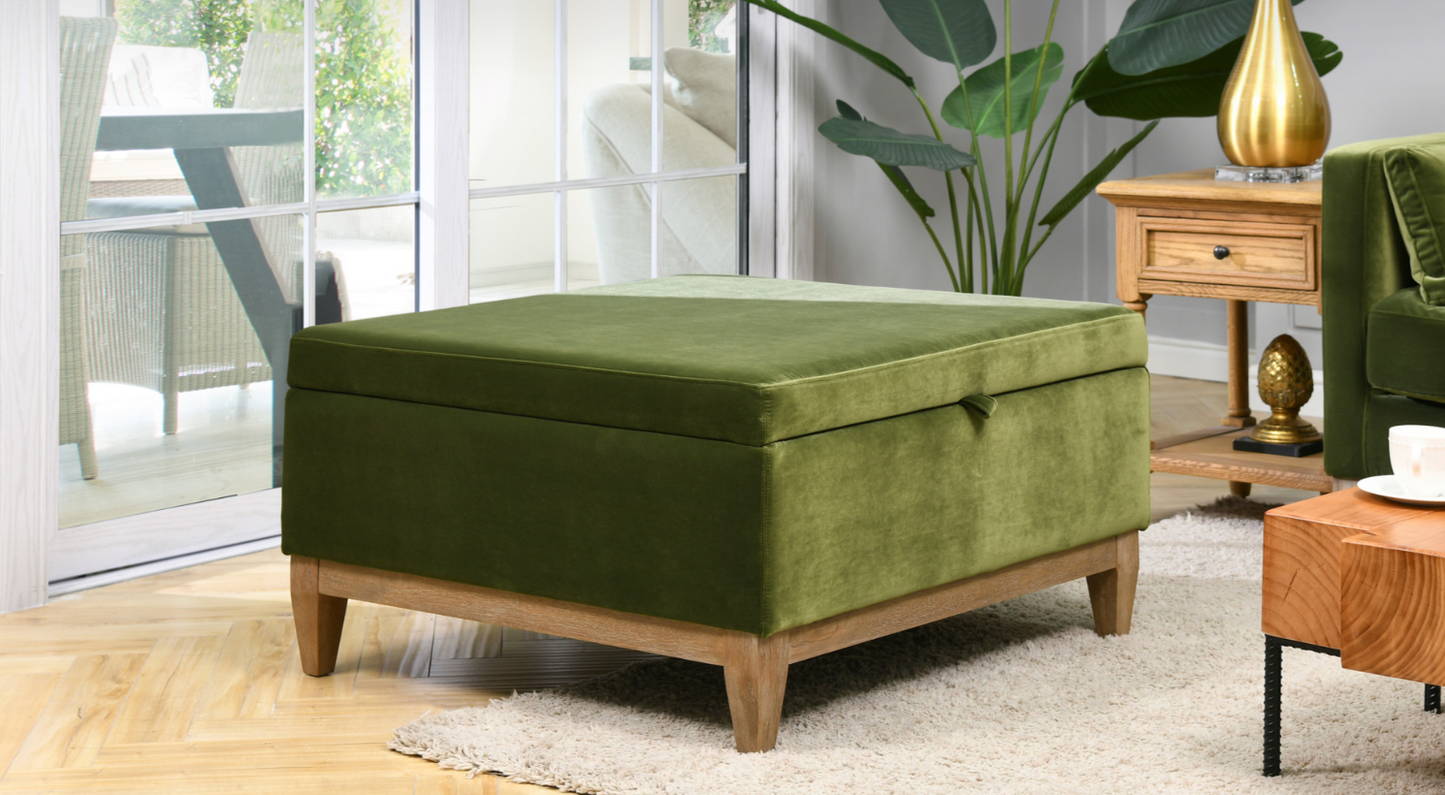 Olive green velvet 25" square storage cocktail ottoman ✨