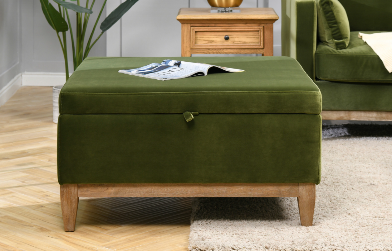 Olive green velvet 25" square storage cocktail ottoman ✨