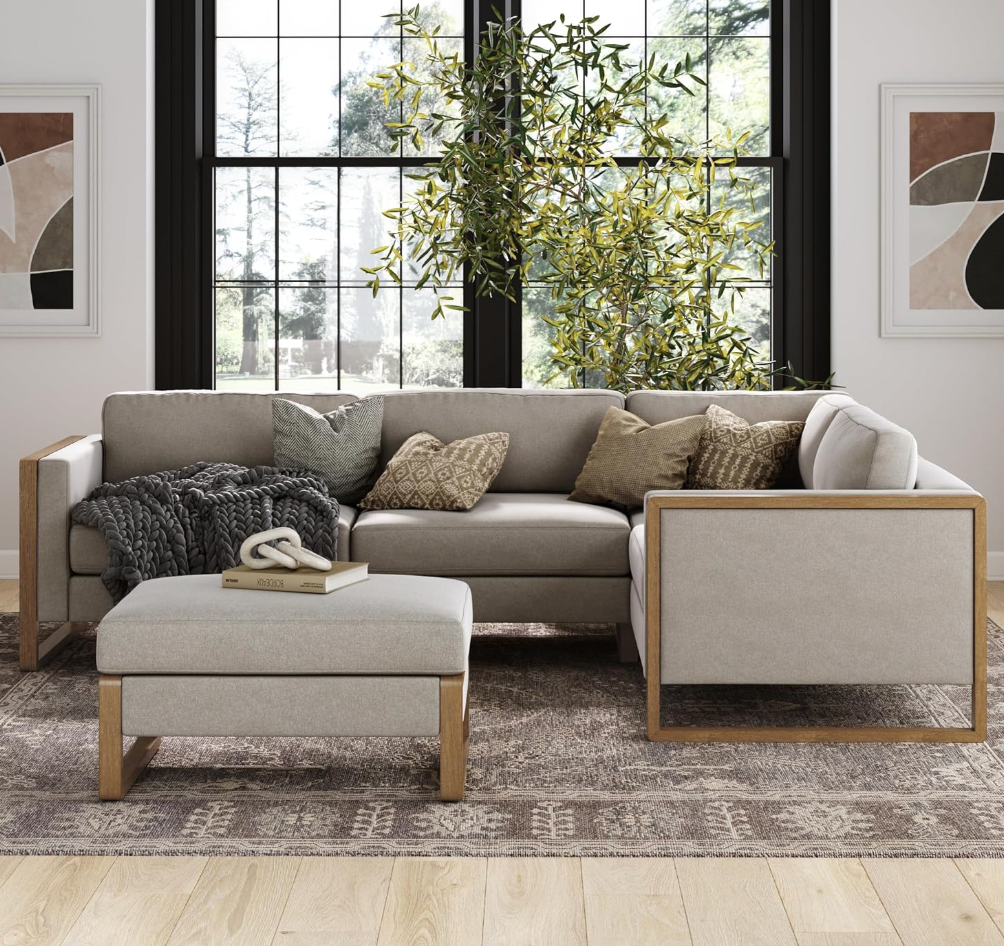 Nathan James modern upholstered light brown ottoman & coffee table w/ storage ☕