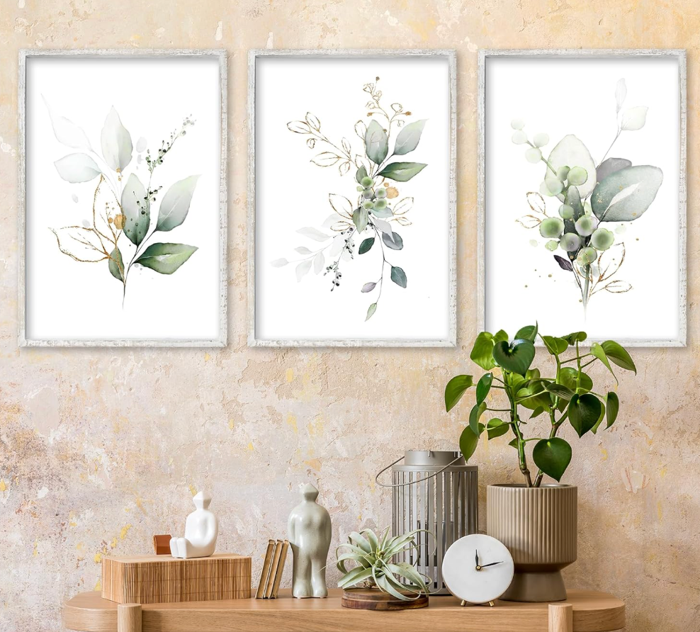 Set of 3 modern sage, white, & green 16x24 botanical wood frame art prints 🌿