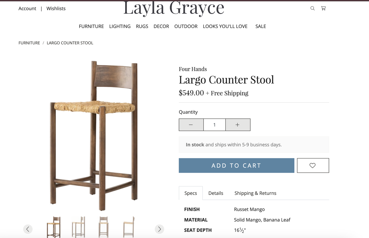 Four Hands mango wood barstool w/ woven banana leaf seat 🍷