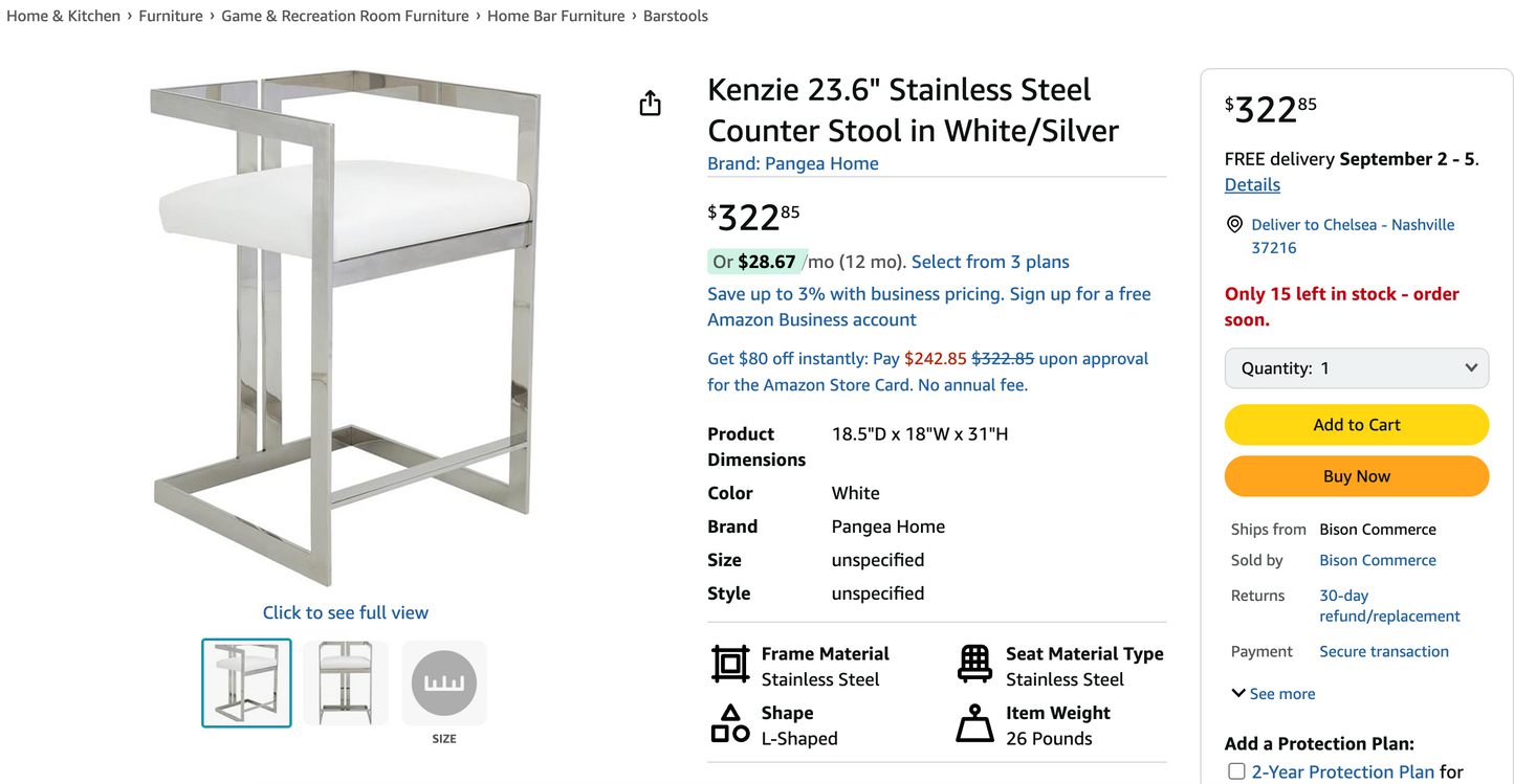 Stainless steel counterheight 24" barstool w/ white seat 🤍