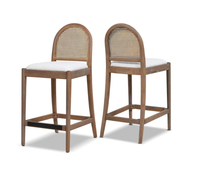 2 Ivory boucle curved cane rattan counterheight barstools🍷