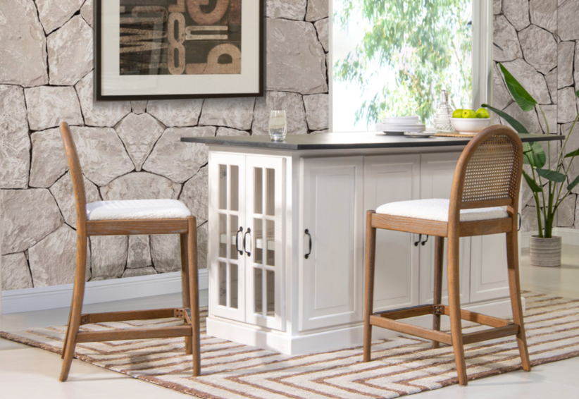 2 Ivory boucle curved cane rattan counterheight barstools🍷
