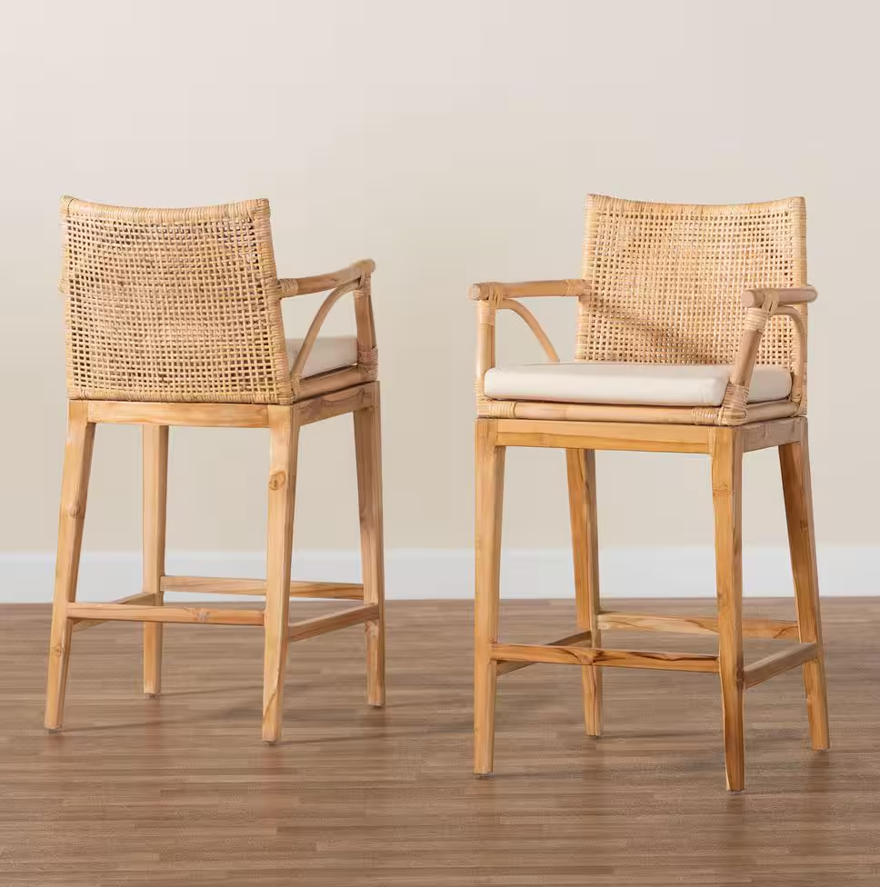 2 Natural Rattan & Teak Wood Bohemian Barstools🍸