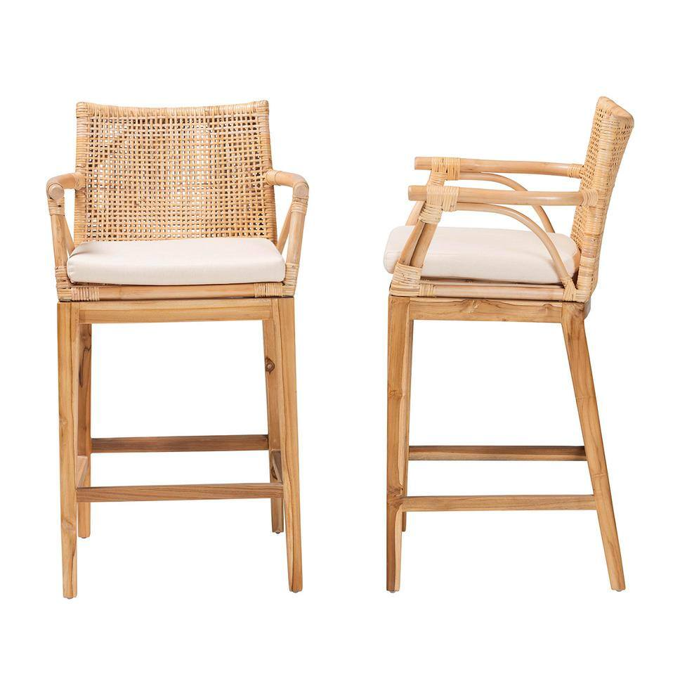 2 Natural Rattan & Teak Wood Bohemian Barstools🍸