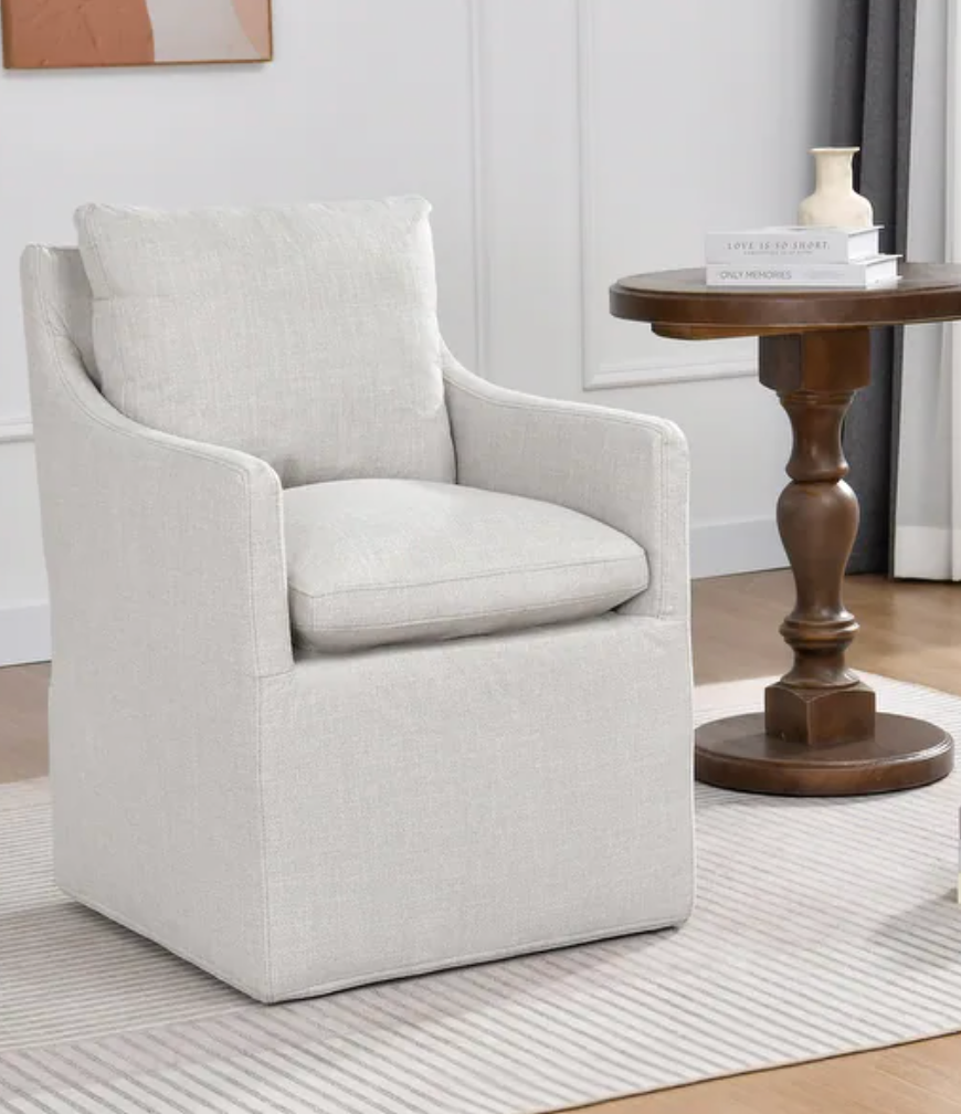 Modern Cream Linen Dining Chair w/ Casters🕊