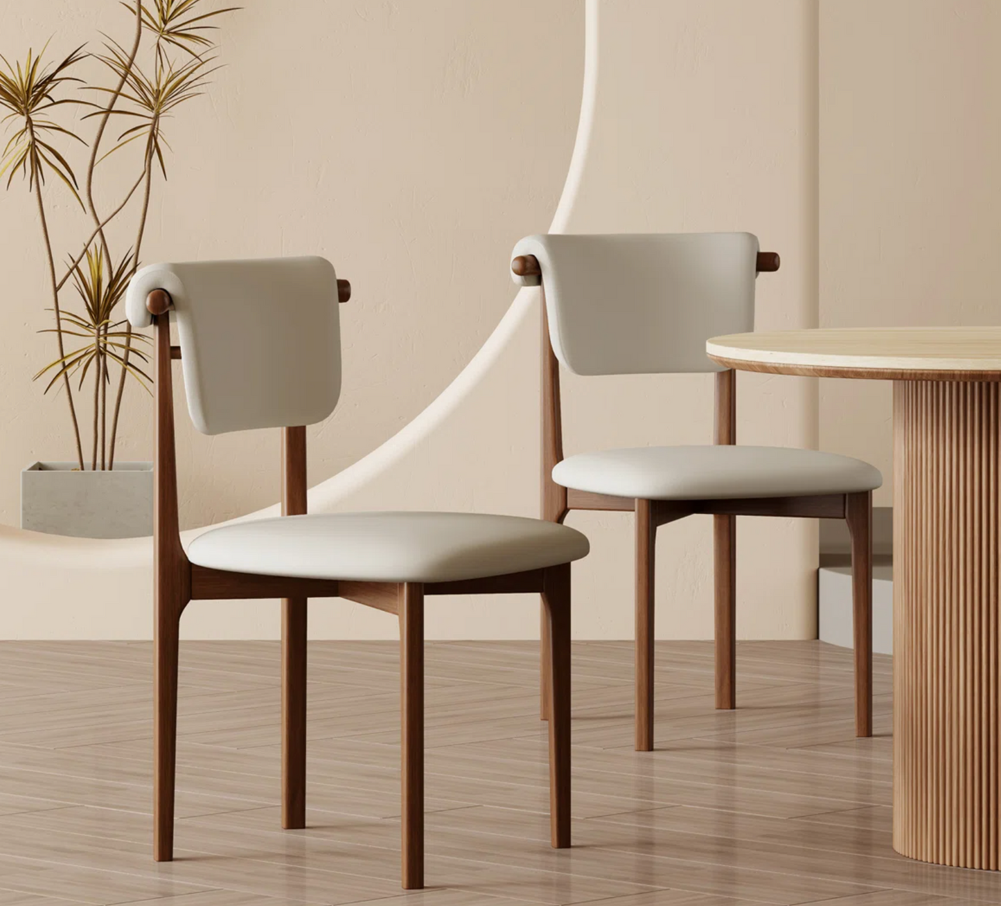 2 minimalist solid wood dining chairs w/ beige padded beige cushion 🪑