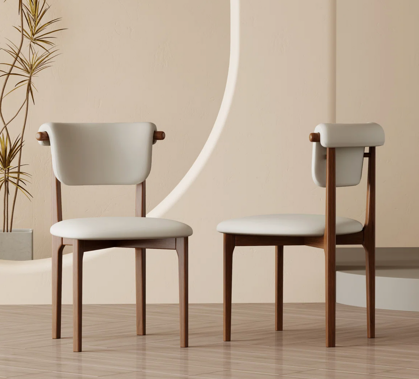 2 minimalist solid wood dining chairs w/ beige padded beige cushion 🪑