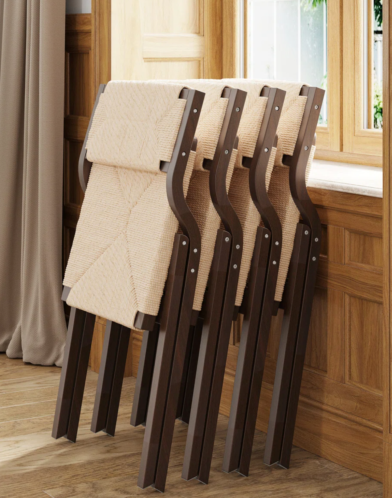 2 walnut wood folding chairs w/ woven back & seat🌻