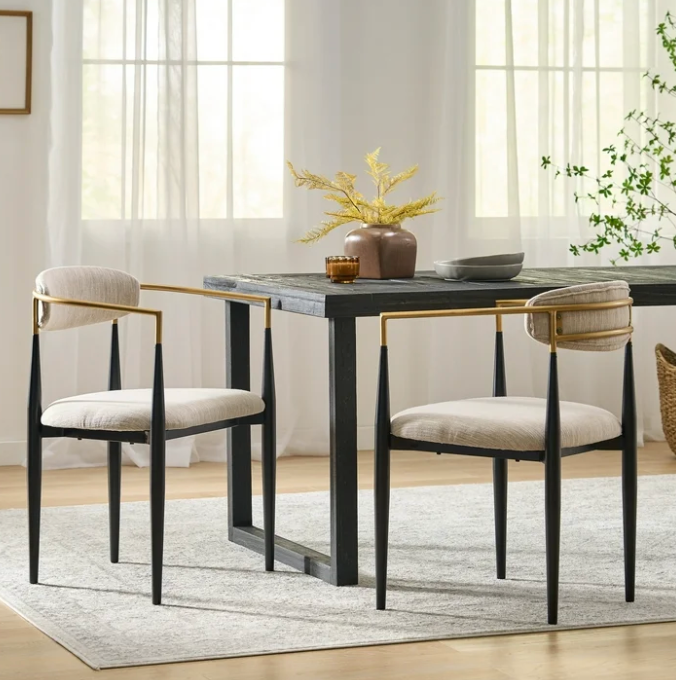 2 Beige, Black, & Gold Upholstered Metal Dining Chairs🥂