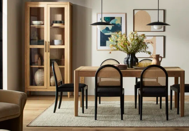2 MCM black boucle & oak wood dining chairs🌻