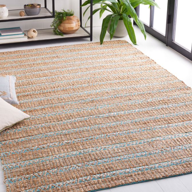 9x12 Teal & Natural Fiber Striped Area Rug⚓
