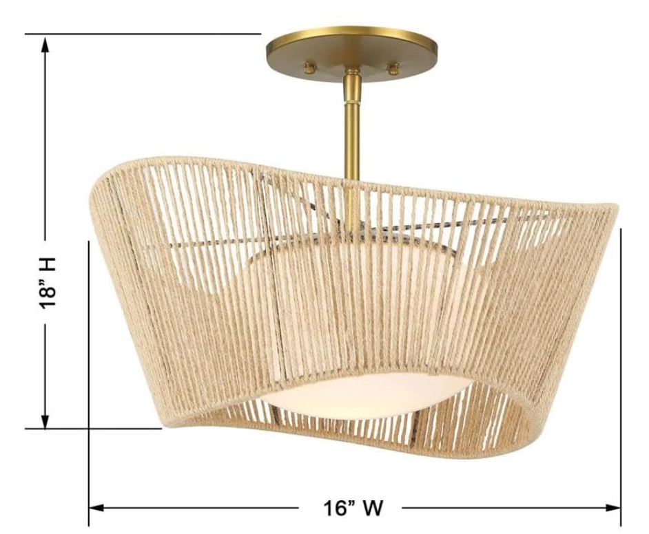 16" Semi-Flush Soft Brass & Natural Rope Shade Ceiling Fixture💡