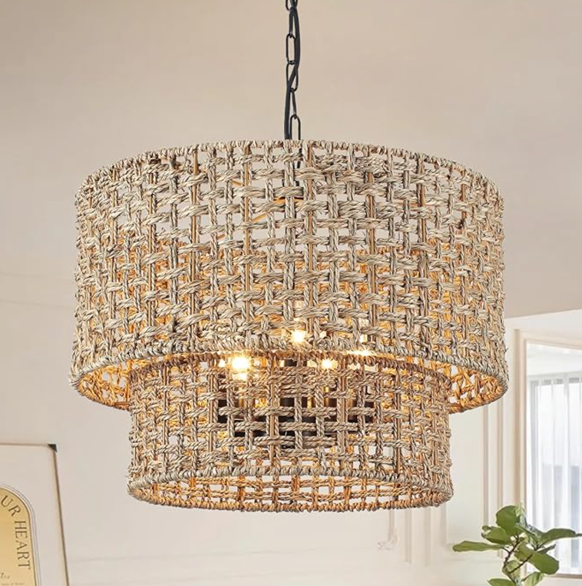 Boho 5-light woven rattan adjustable chandelier 🌻