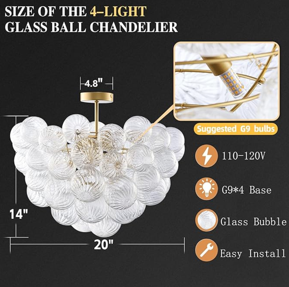 Bubble ball semi-flush mount 20" chandelier (gold w/ clear ribbed glass) 🫧