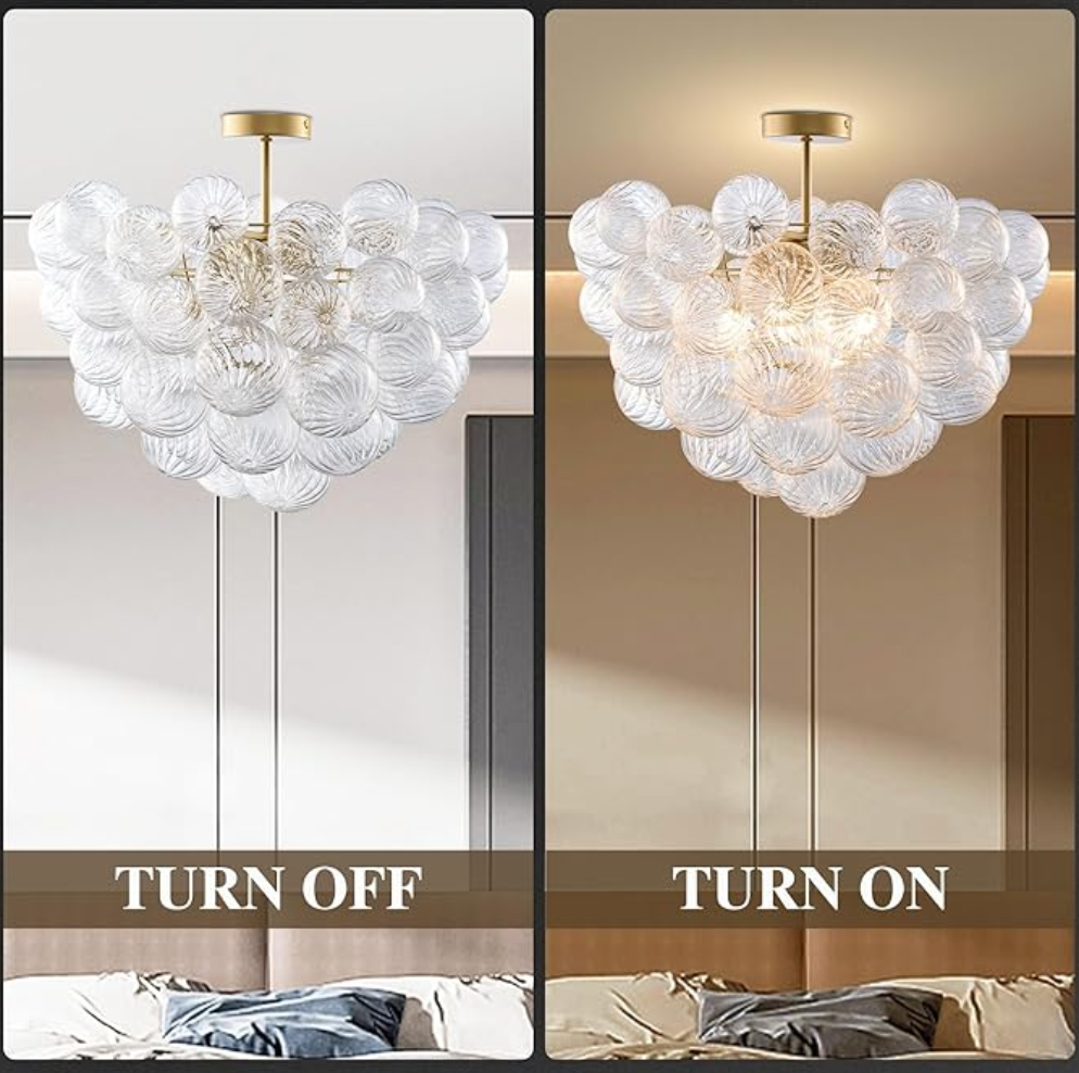Bubble ball semi-flush mount 20" chandelier (gold w/ clear ribbed glass) 🫧