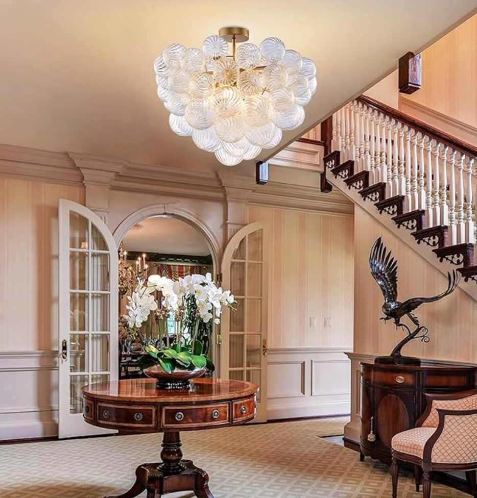 Bubble ball semi-flush mount 20" chandelier (gold w/ clear ribbed glass) 🫧