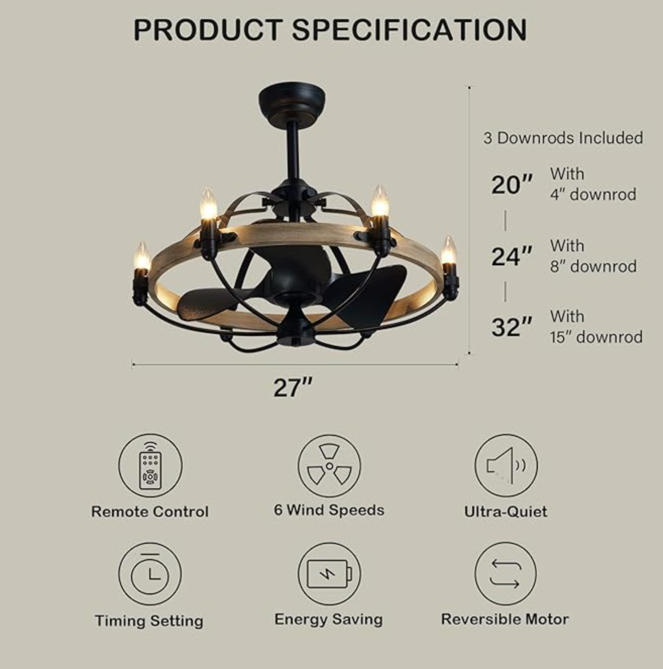 Vintage rustic farmhouse 27" ceiling fan chandelier 🐿