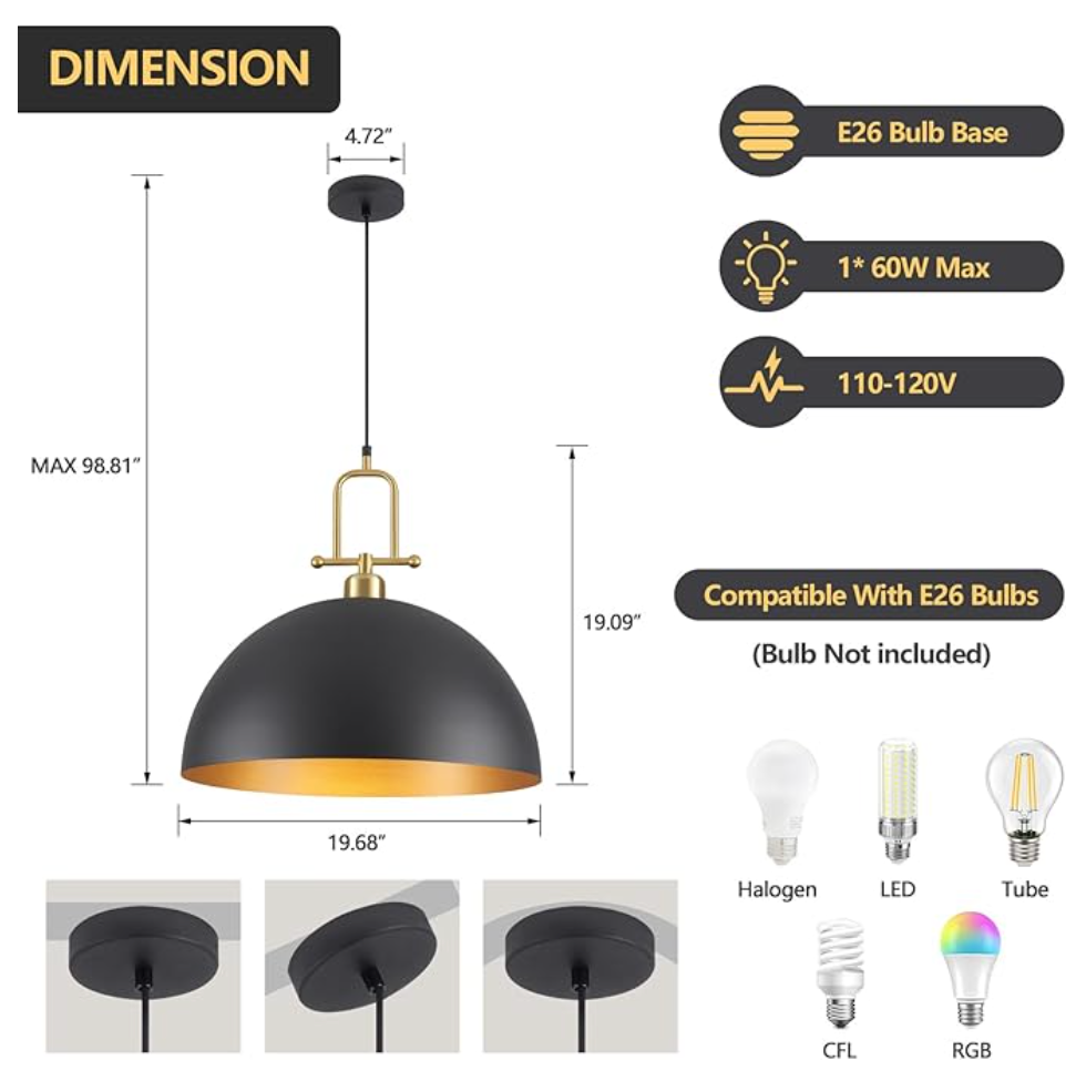 Large black & gold 20" modern pendant light ✨