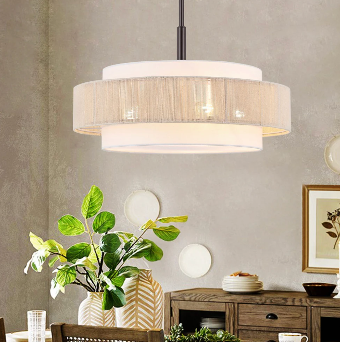 5-Light double-shaded dimmable drum chandelier w/ woven center 🌼