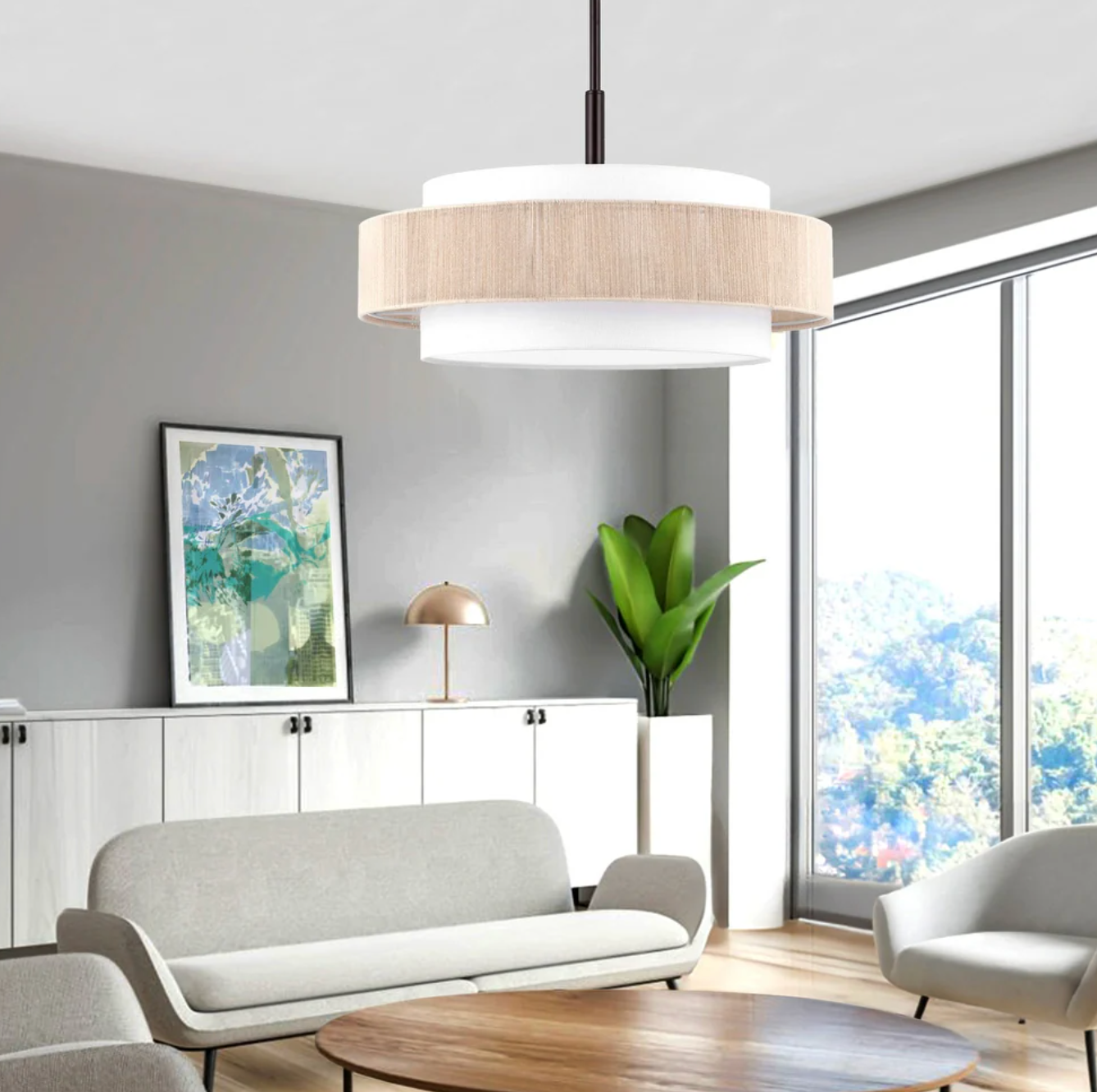 5-Light double-shaded dimmable drum chandelier w/ woven center 🌼