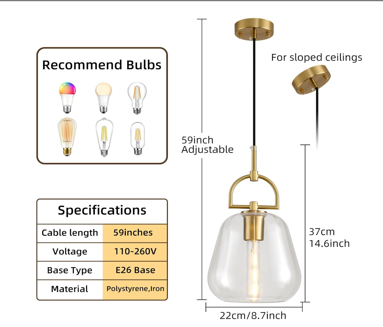 Gold 1-light glass adjustable pendant 💫