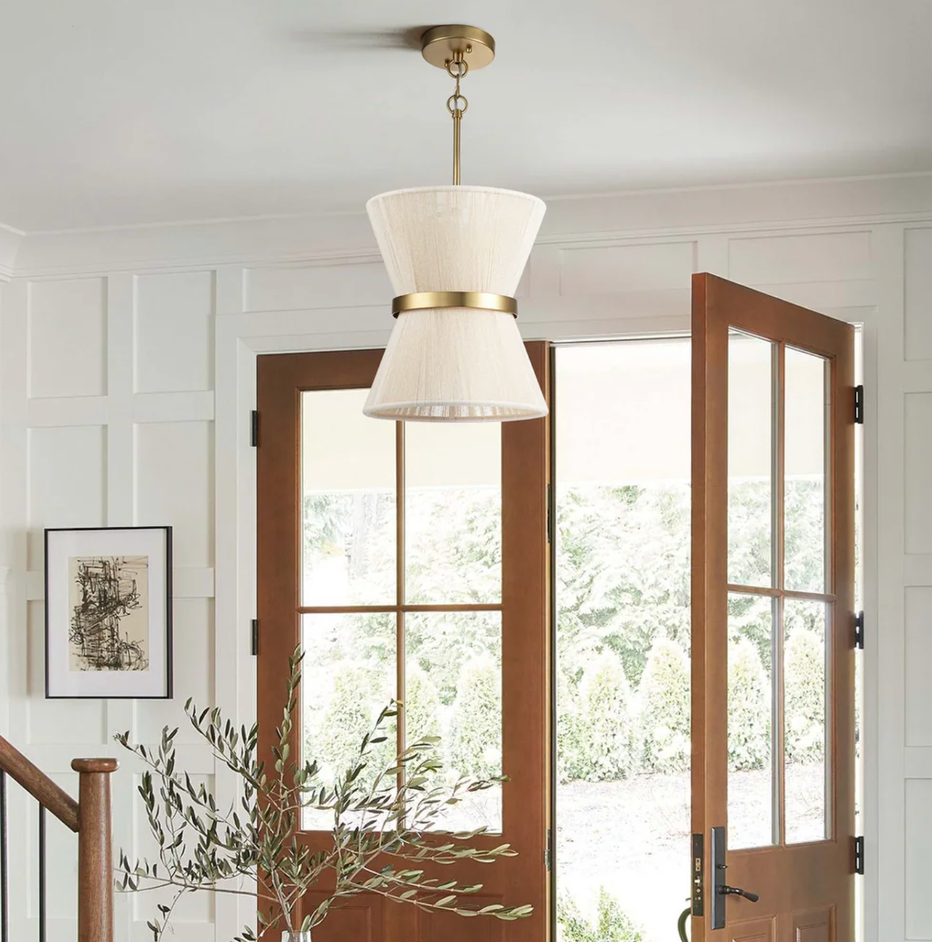 Modern farmhouse rope drum boho chandelier w/ gold band ✨