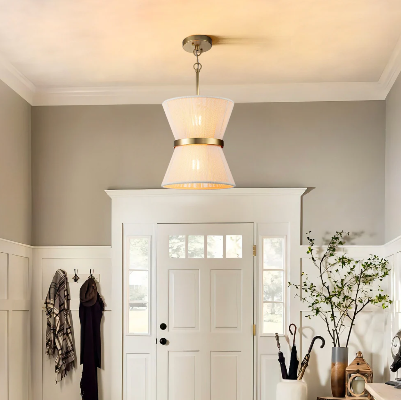 Modern farmhouse rope drum boho chandelier w/ gold band ✨