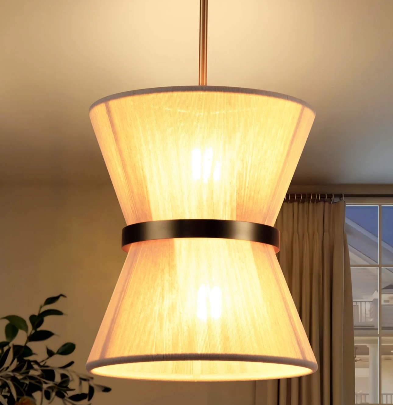 Modern farmhouse rope drum boho chandelier w/ gold band ✨
