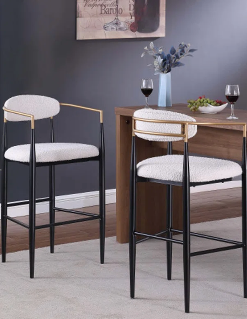 2 modern cream boucle counterheight barstools w/ black & gold frame ๐ธ